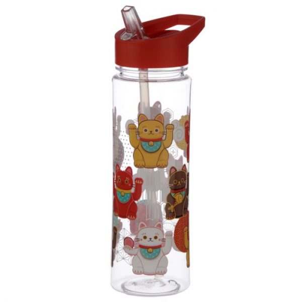 Opakovane použiteľná 550ml plastová fľaša so slamkou - Maneki Neko - mačka šťastia 1 - pre milovníkov mačiek