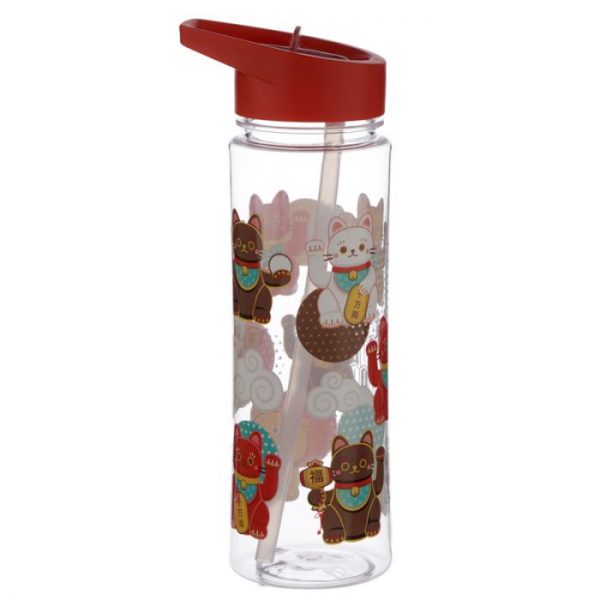 Opakovane použiteľná 550ml plastová fľaša so slamkou - Maneki Neko - mačka šťastia 4 - pre milovníkov mačiek