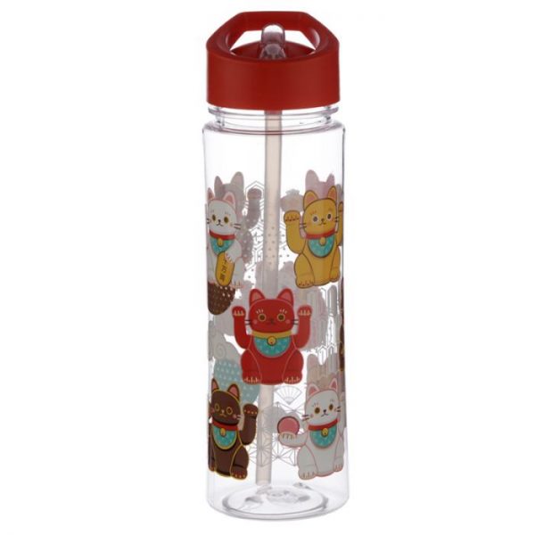Opakovane použiteľná 550ml plastová fľaša so slamkou - Maneki Neko - mačka šťastia 3 - pre milovníkov mačiek