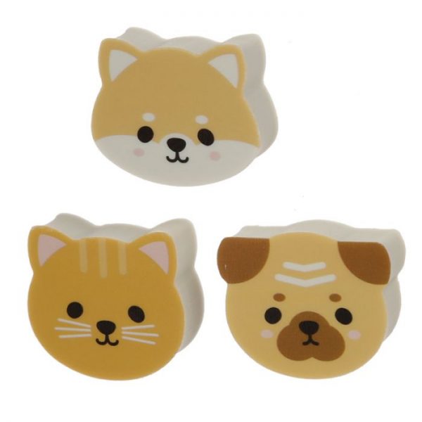 Set 3 gúm s motívom Mopslíka, mačičky a Shiba Inu 3 - pre milovníkov mačiek